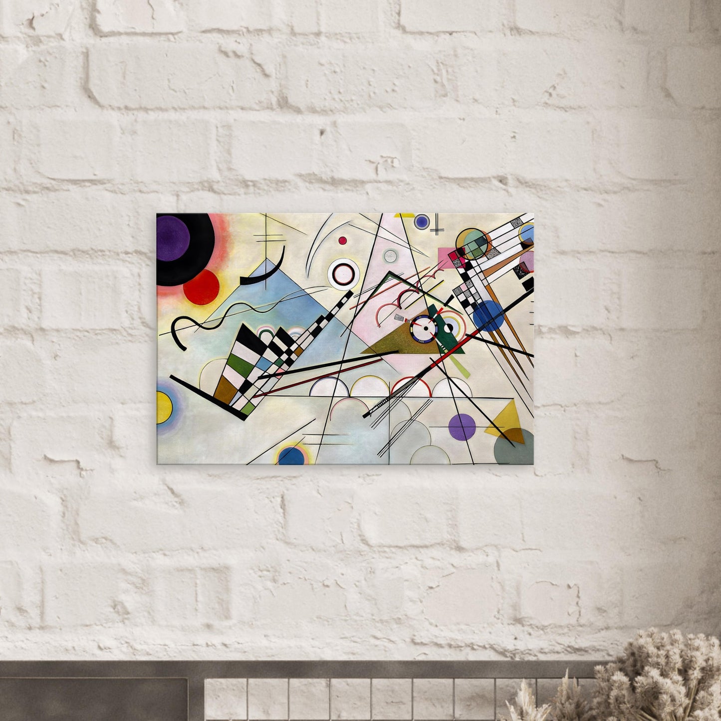 Canvas art reproduction of Kandinsky’s Composition 8, showcasing a bold abstract arrangement of geometric shapes, lines, and vibrant colors on a neutral background.