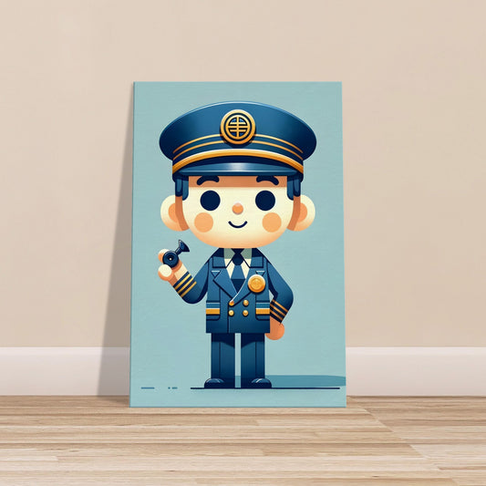 Minimalist cartoon conductor named Charlie in blue and gold uniform with cap and whistle on a solid background.
