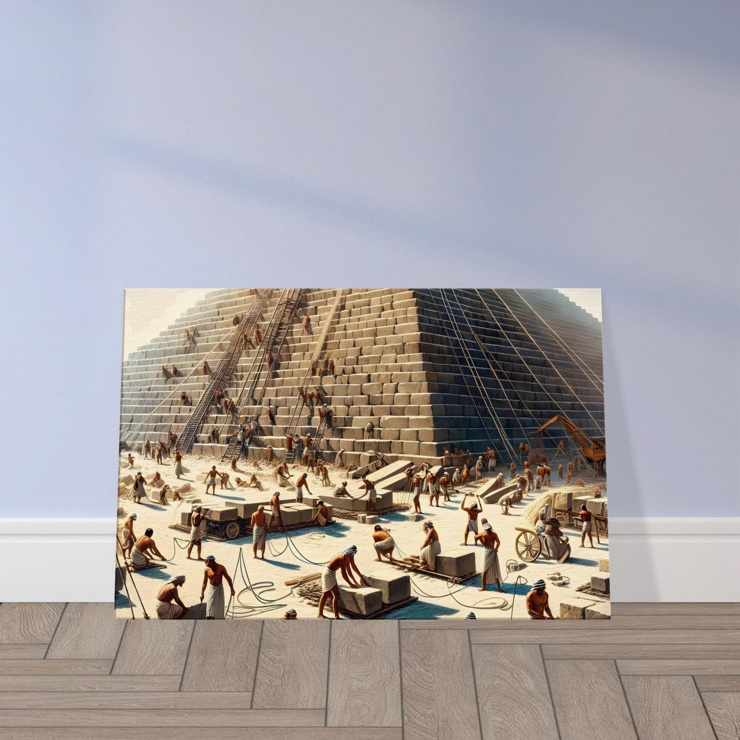 Ancient Egyptian laborers moving large limestone blocks under supervision during pyramid construction with desert landscape in background.