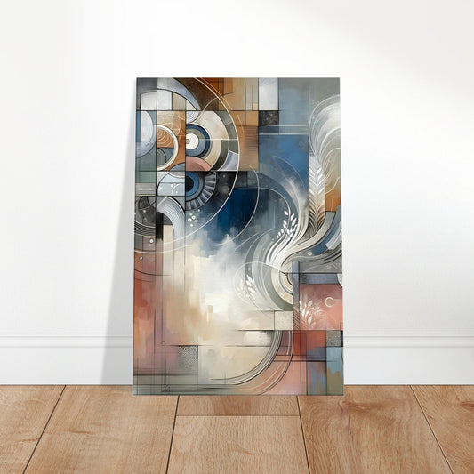 Abstract painting with textured organic and geometric shapes in a muted contemporary colour palette.