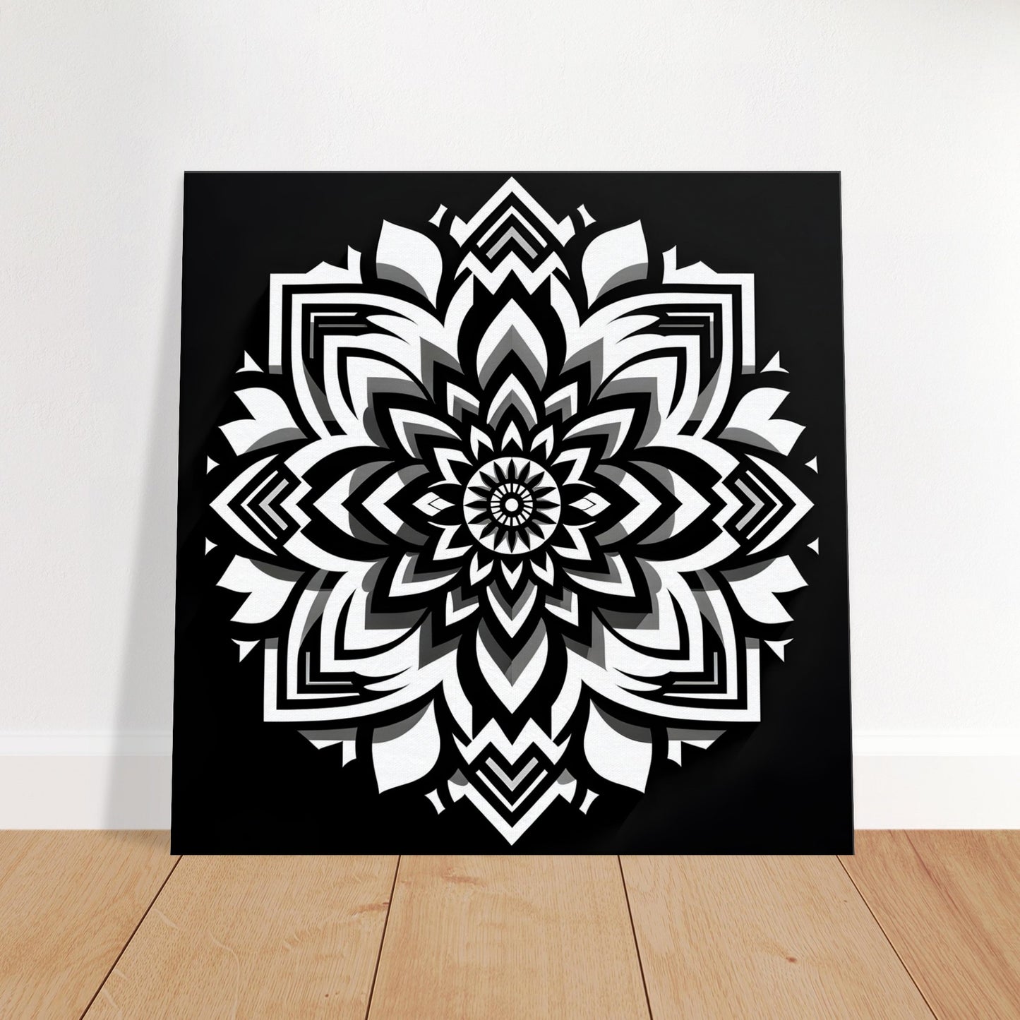 Black and white mandala artwork featuring simple geometric patterns with sharp contrast, embodying minimalist balance and harmony.