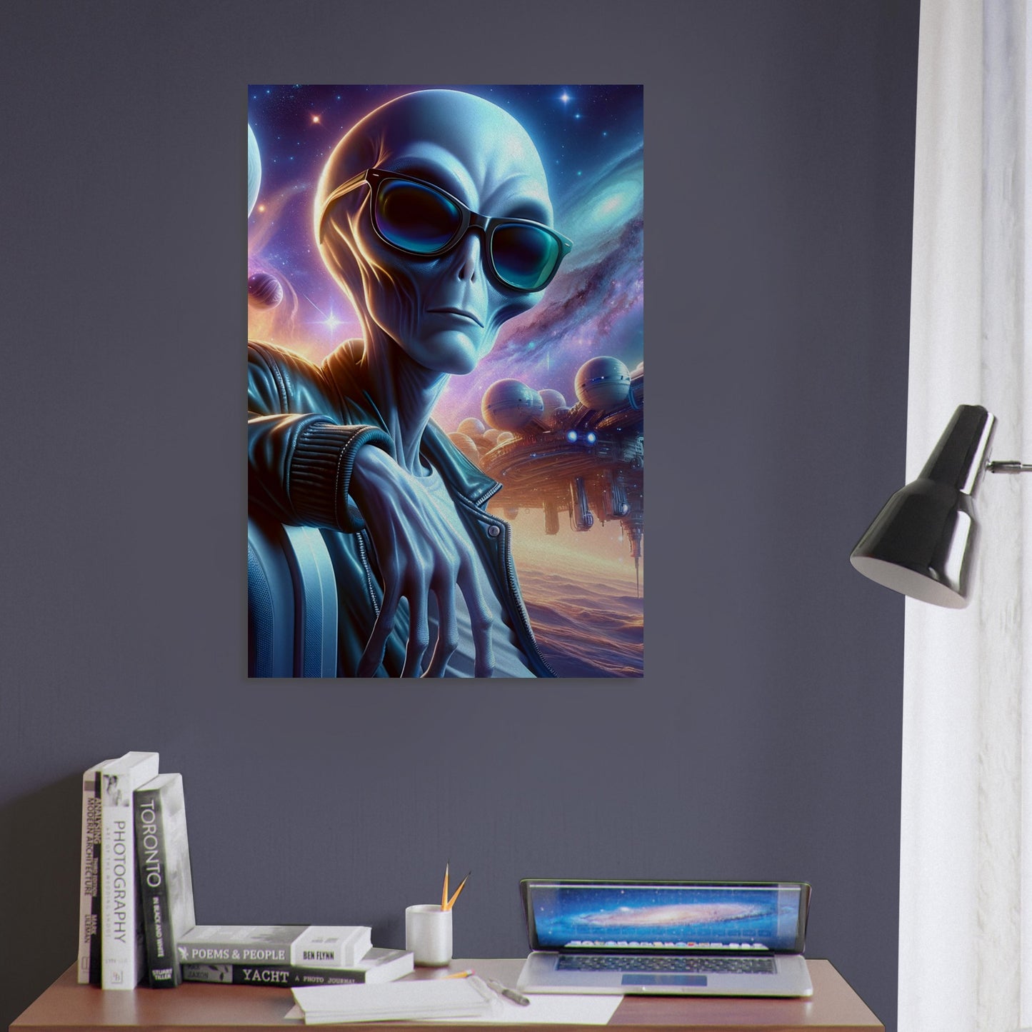 Metal poster featuring a stylish alien in sunglasses, posed with futuristic architecture against a cosmic galaxy backdrop.