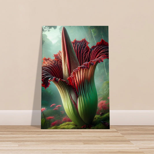 Corpse Flower in full bloom with deep red spathe surrounded by tropical rainforest foliage