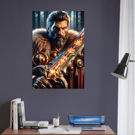 A muscular barbarian warrior in leather and fur holds a glowing cosmic sword in a dark, untamed forest.