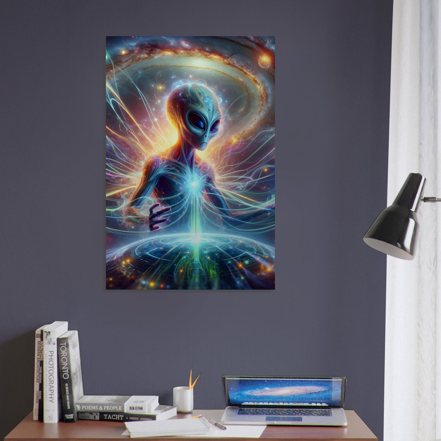 Metal poster of an alien channeling cosmic energy amid vibrant galaxies and swirling nebulae, with radiant light streams.