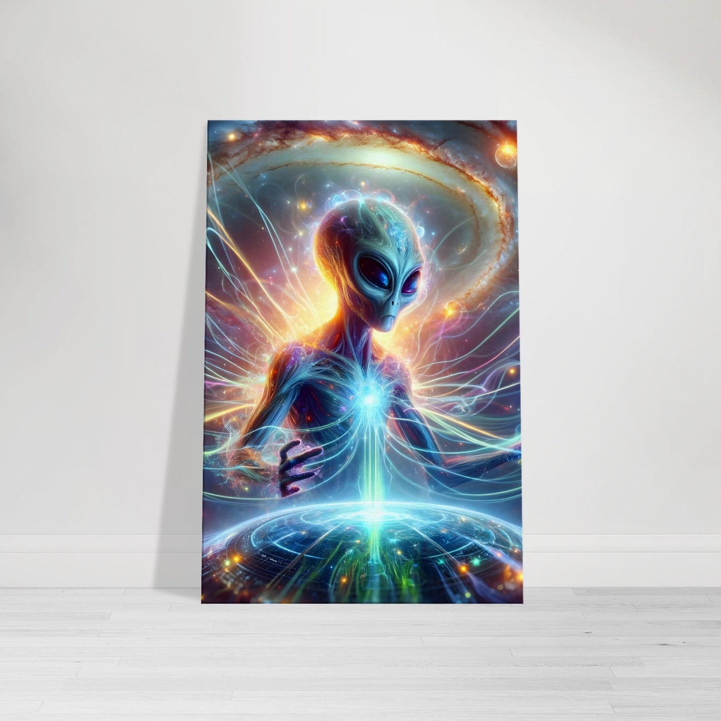 Canvas wall art of an alien surrounded by vibrant streams of cosmic energy amidst swirling galaxies and nebulae.