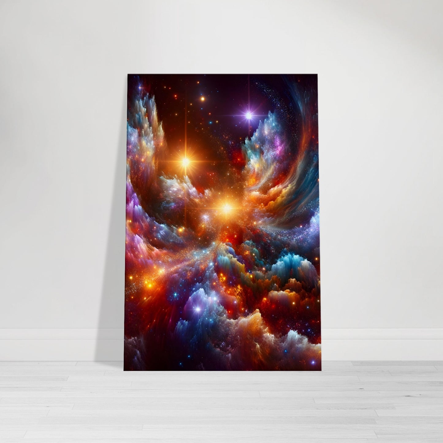 Vibrant canvas wall art of a cosmic nebula garden with glowing constellations and rich color detail.