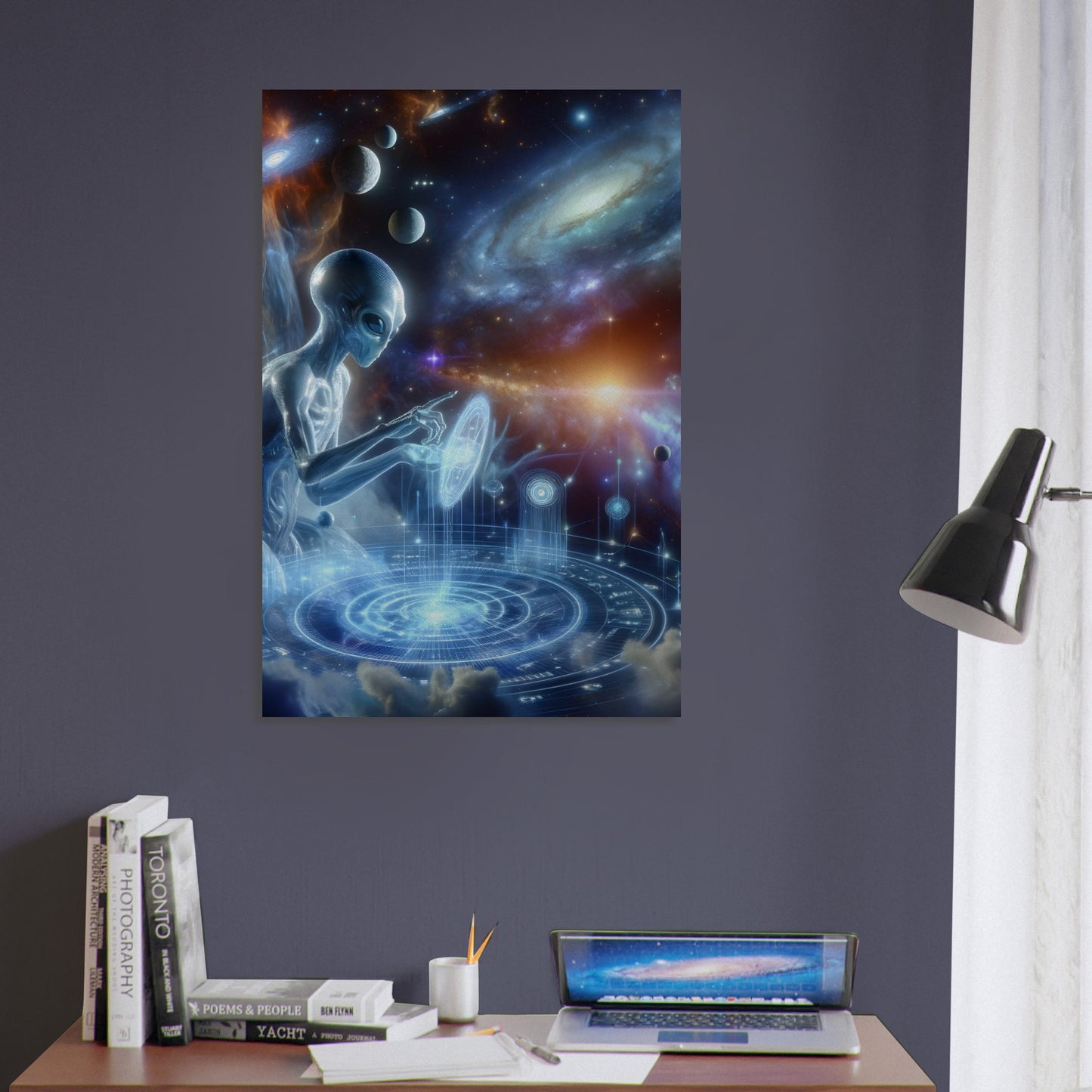 Metal poster of an alien using a spaceship's holographic interface, set against galaxies, stars, and a cosmic nebula background.