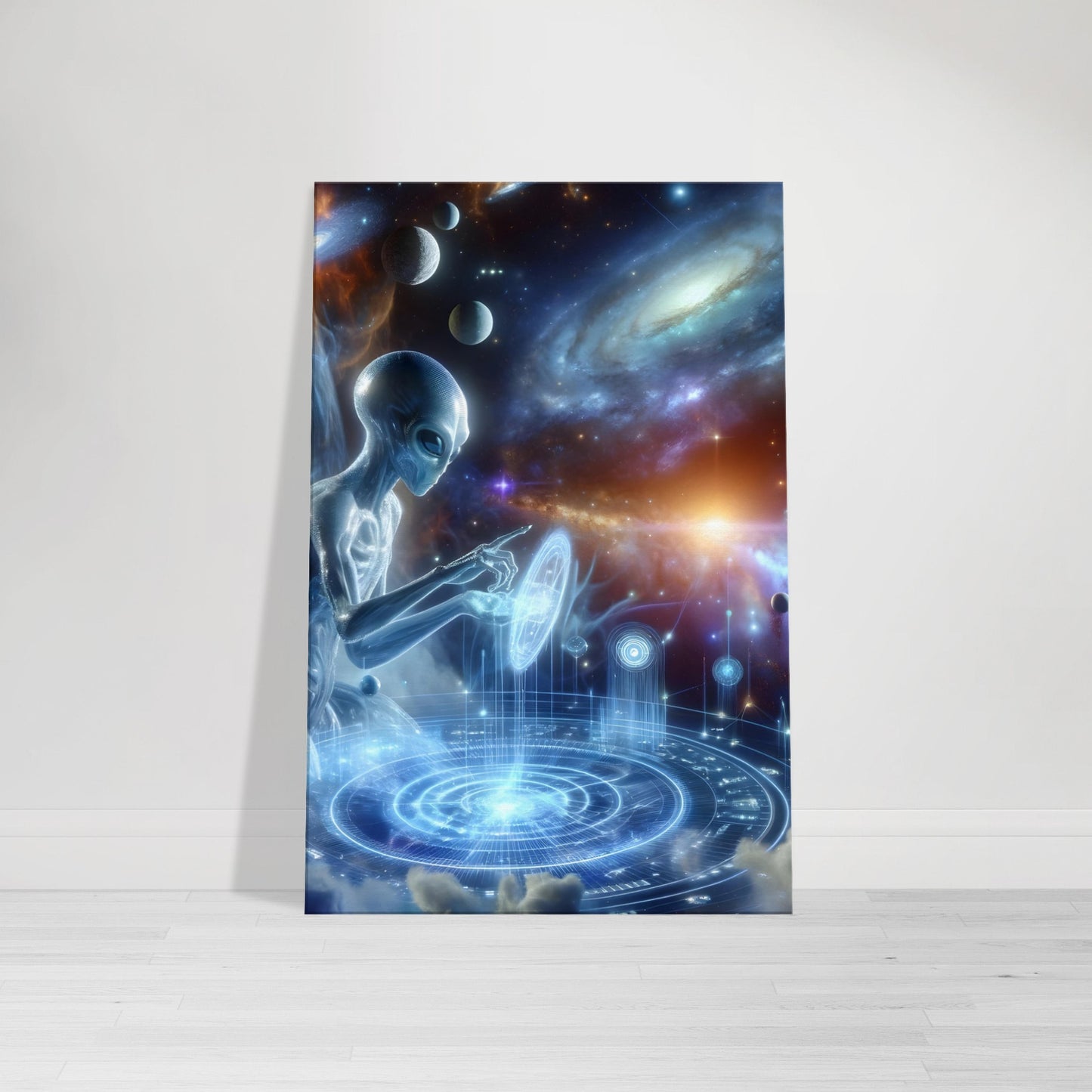 Futuristic alien navigating a holographic interface in a galaxy-themed canvas art print.
