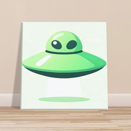 Cartoon-style green alien spaceship with large eyes on a light green to white gradient background.
