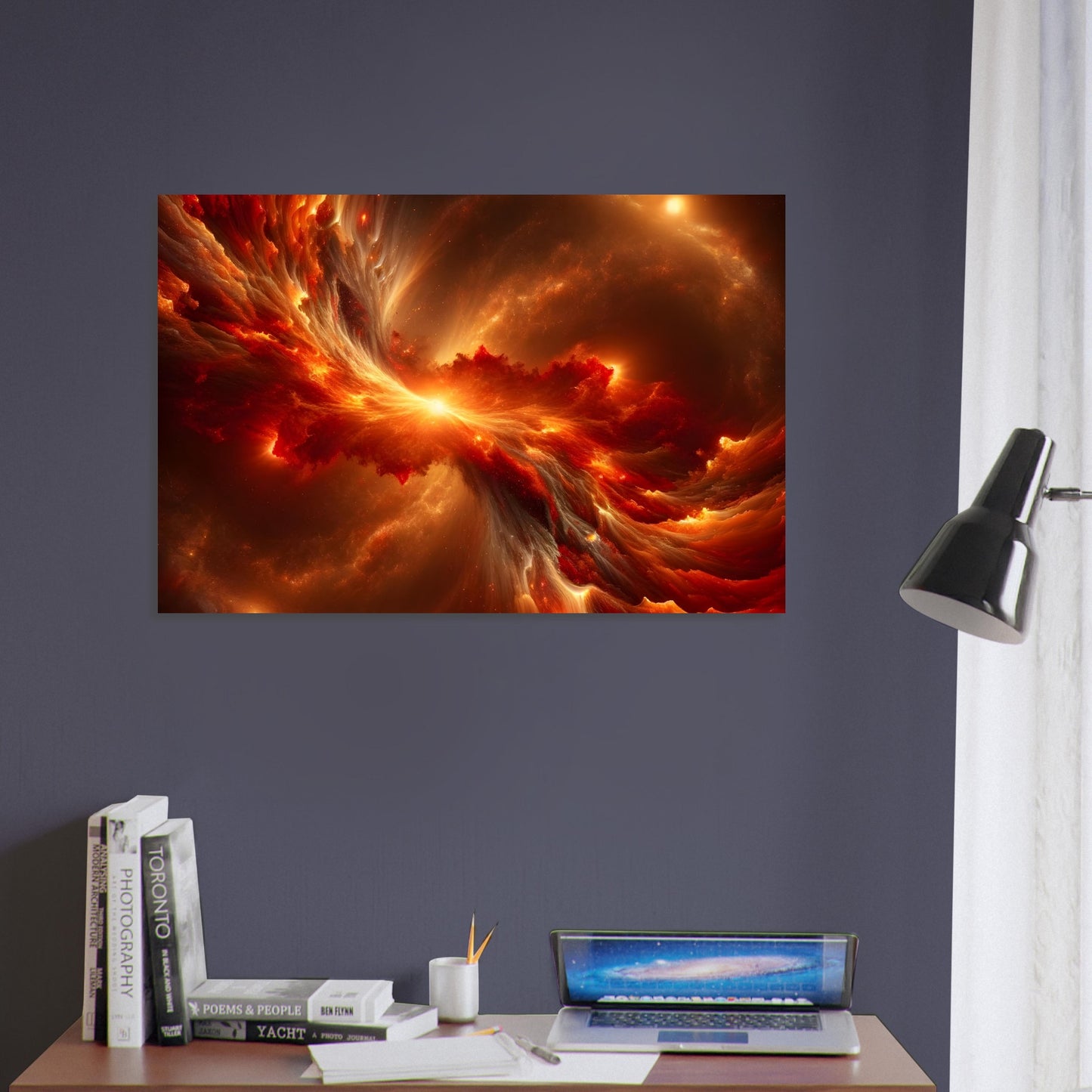 Metal poster depicting a vibrant red and orange galaxy collision illustrating cosmic energy and transformation.