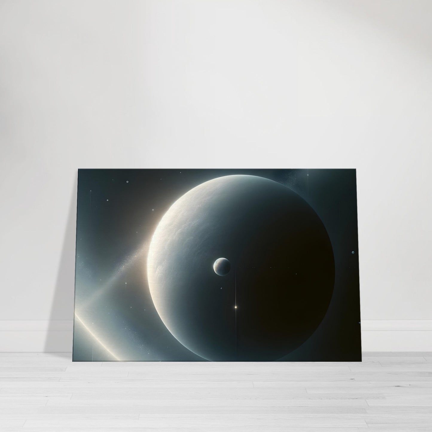 Minimalist canvas artwork of a moon and satellite in a dark space scene with subtle stars and gentle color tones.
