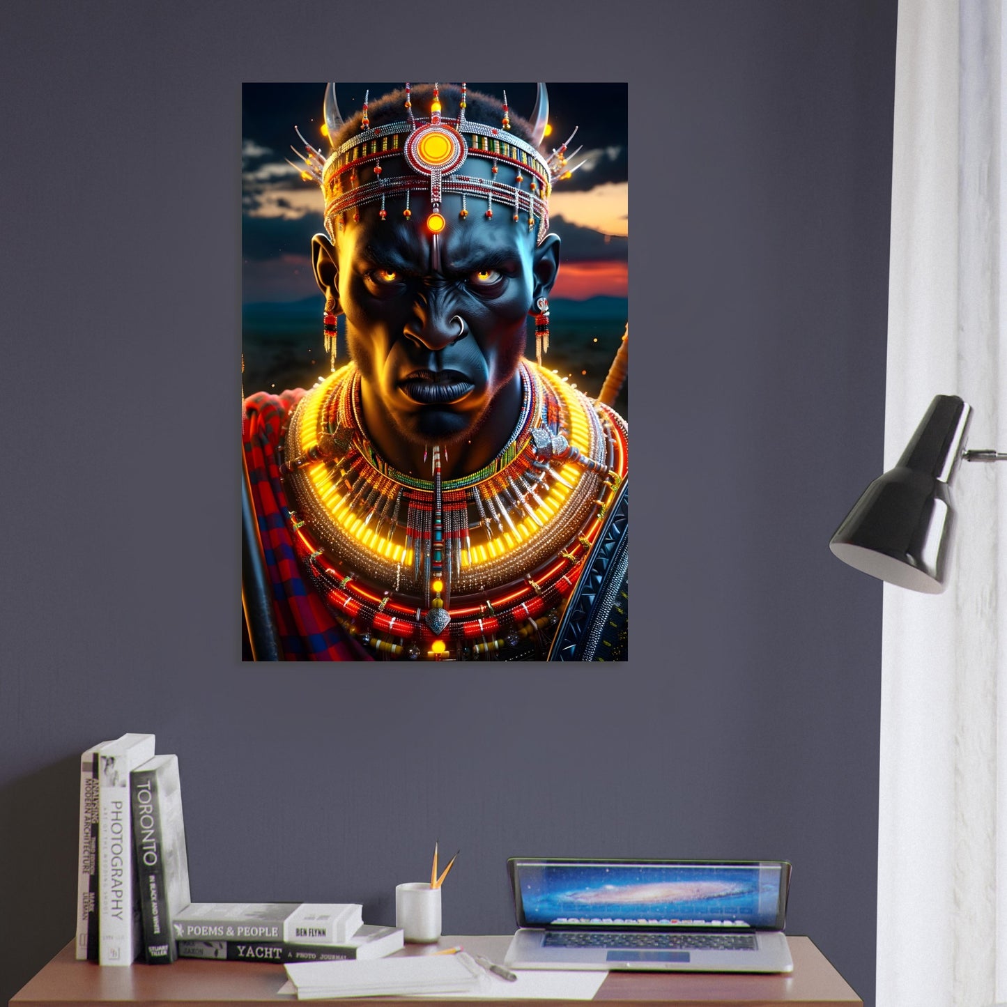 Radiant with ancestral pride and cosmic energy, Cosmic Maasai Warrior captures the timeless strength of a guardian of the savannah. Draped in a traditional red shuka and adorned with intricate, beaded jewelry, the warrior stands tall against a vast African twilight—where the horizon burns with the last light of day. Fiery red and electric yellow hues blaze across his form, while luminous accents in his jewelry shimmer like starlight, each bead a symbol of heritage, spirit, and silent power. The darkened pla