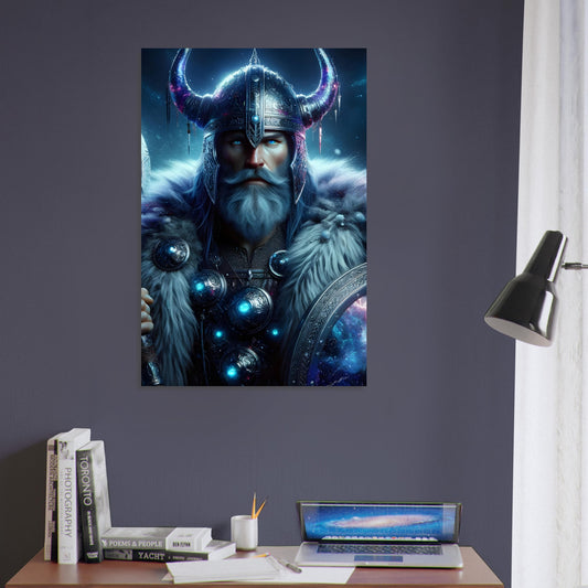 A Viking warrior in icy blue and silver armor stands in a snowy landscape, holding a glowing axe and shield with cosmic detailing.