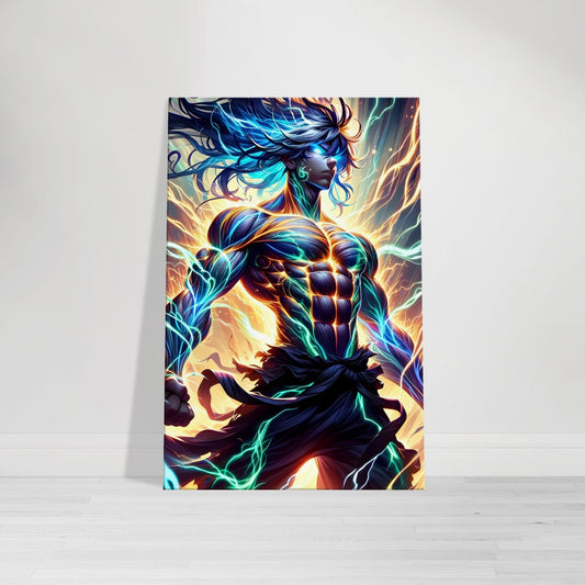 Anime-style muscular warrior glowing with cosmic energy in red, blue, and violet, surrounded by lightning and a swirling galactic storm, clenching fists as energy surges through a chaotic backdrop.