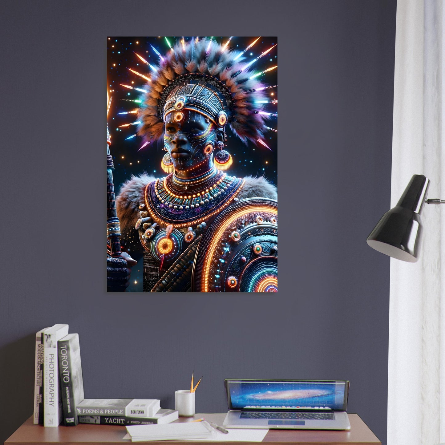 A Zulu warrior in glowing orange and blue beaded armor holds a cosmic spear under a starry sky on the African savannah.