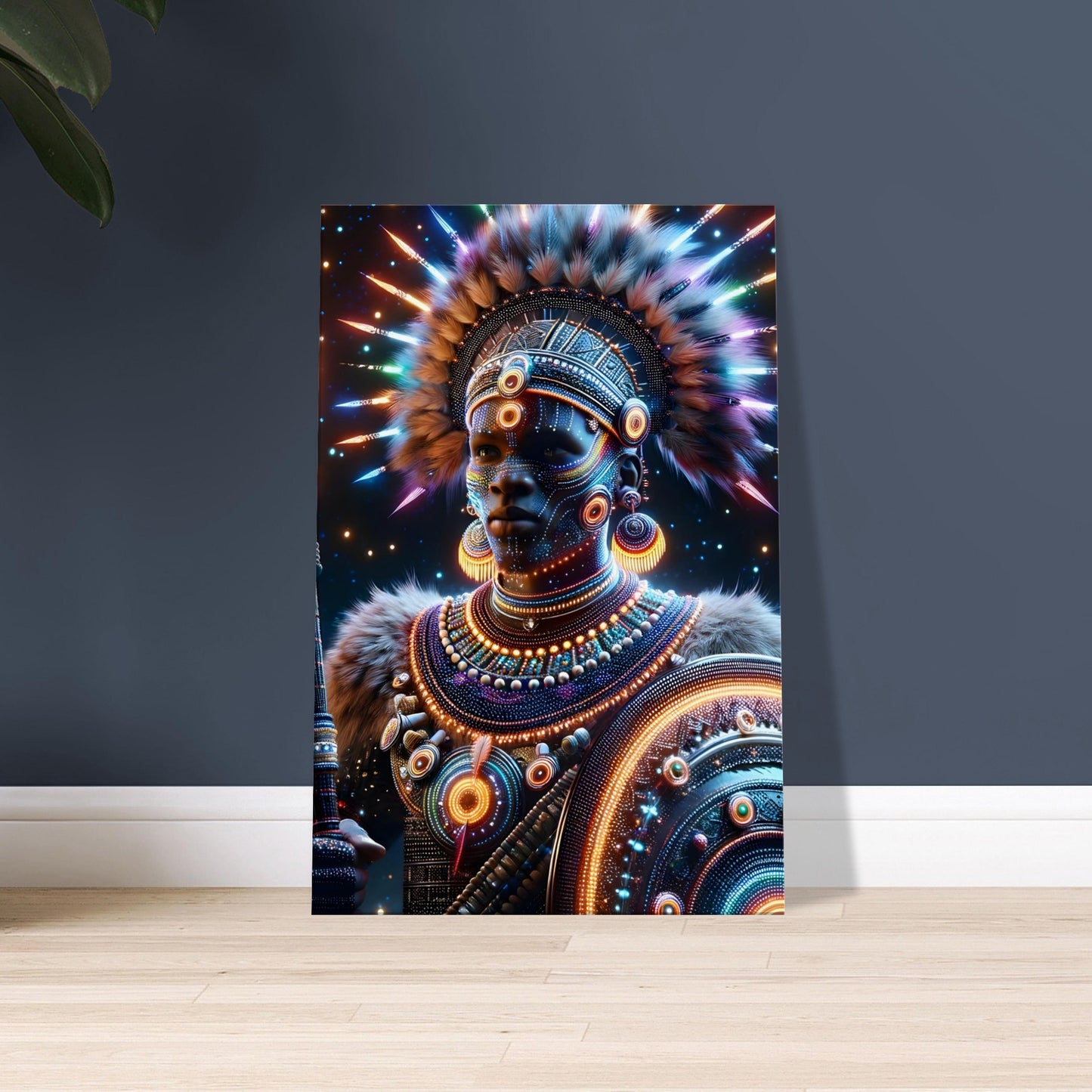 A Zulu warrior in traditional attire with glowing orange and blue armor stands under a starry African savannah sky with a radiant spear.