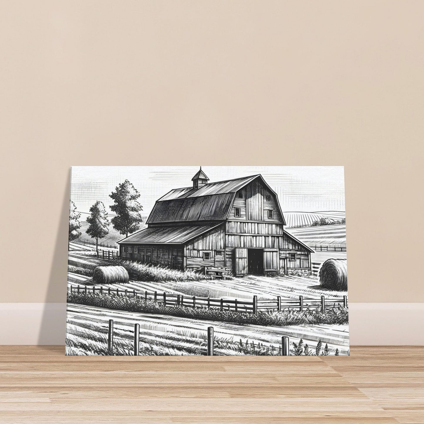 Monochrome sketch of a country barn with wooden siding, hay bales, grassy fields, fence, and trees in the background.