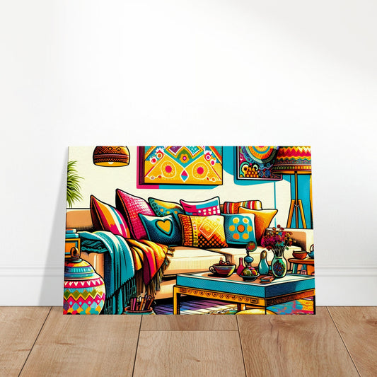 Pop art canvas of a cozy bohemian living room with a plush sofa, vibrant throw pillows, colorful wall art, and eclectic decor.