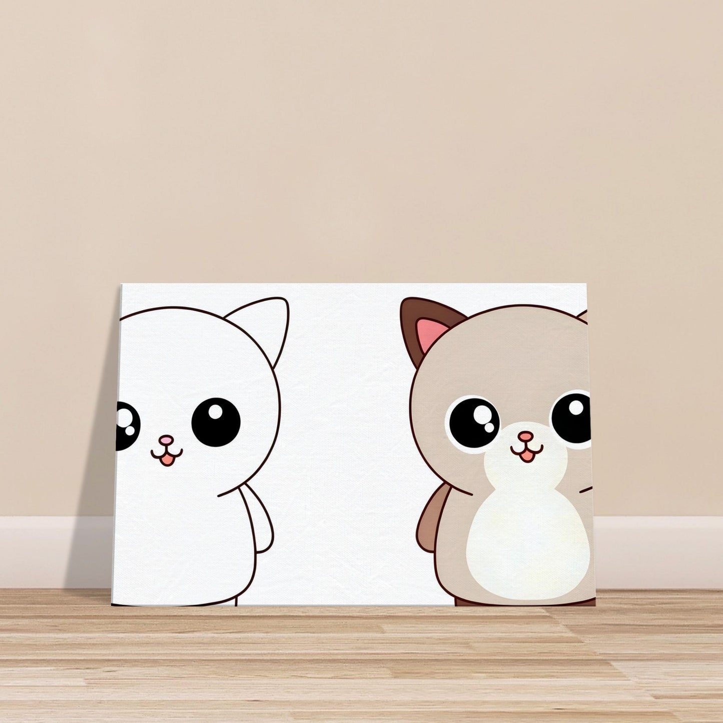 Canvas print of two cartoon cats peeking playfully with soft, soothing colors.
