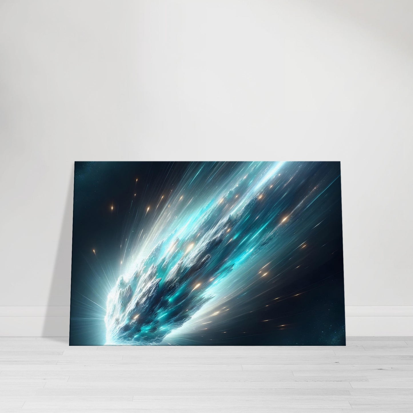 Canvas wall art of a turquoise and silver comet streaking through space with a glowing, radiant trail.