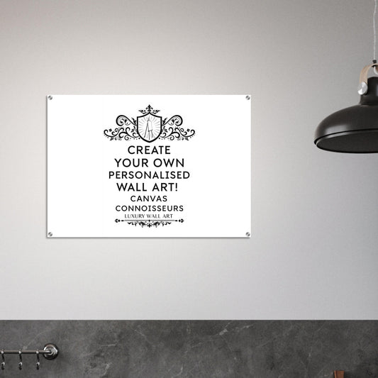 Custom acrylic glass wall print with white background and sleek 4mm profile, featuring vibrant color and screw-mounted hanging hardware.