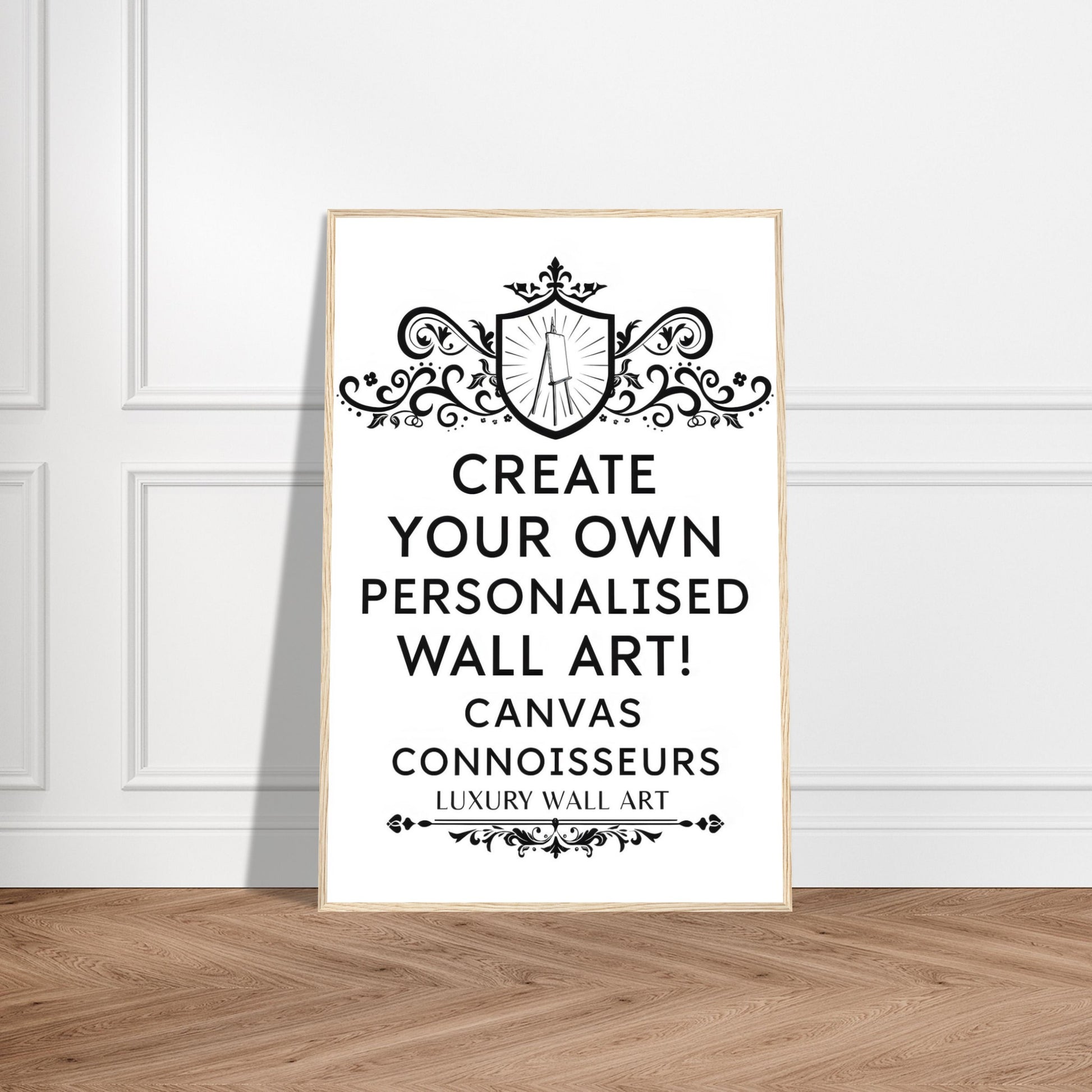 Poster printed on matte paper framed in natural or dark brown wood with shatterproof plexiglass and FSC-certified materials.