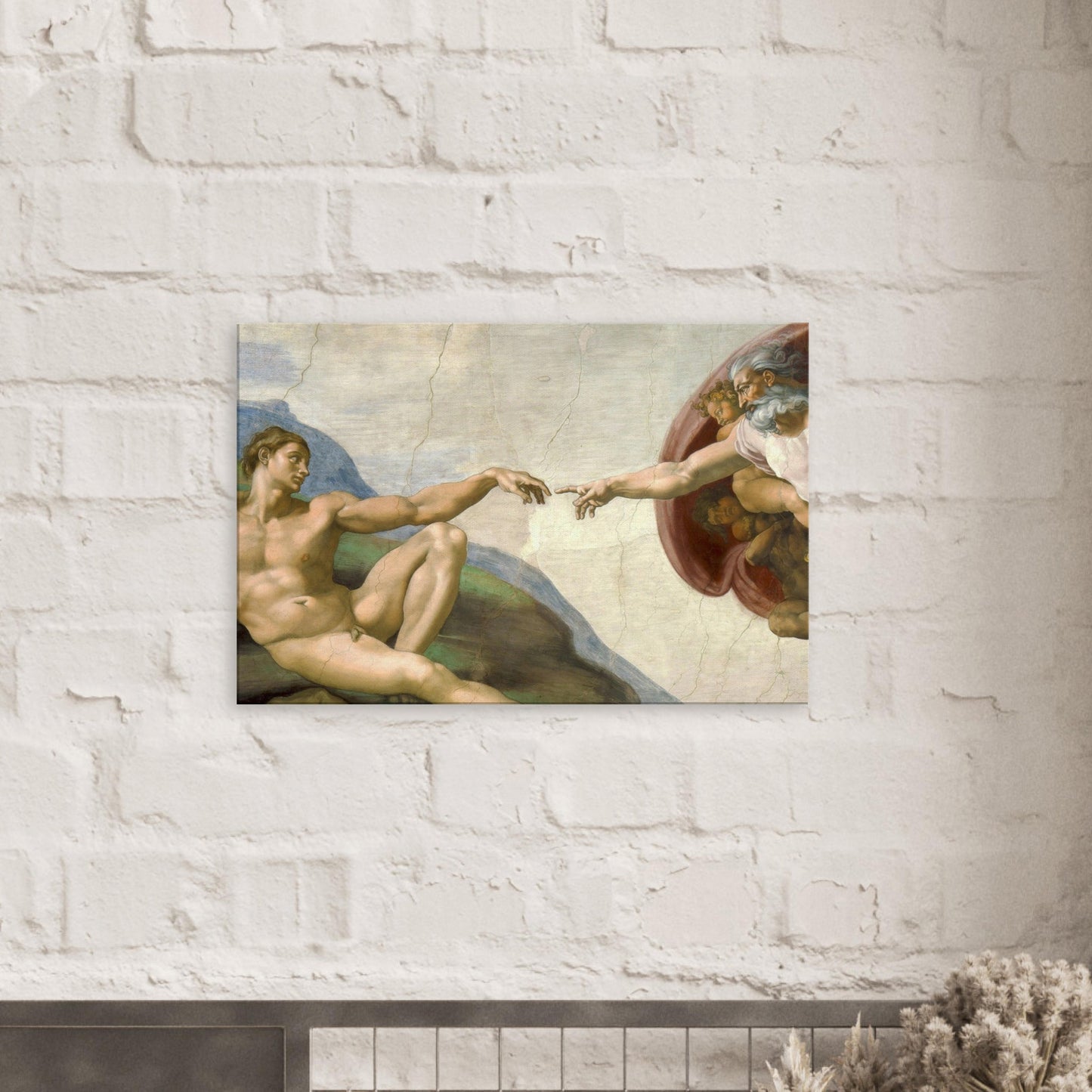 Canvas art reproduction of Michelangelo’s The Creation of Adam, depicting God reaching out to Adam in a powerful Renaissance scene symbolizing the spark of life.