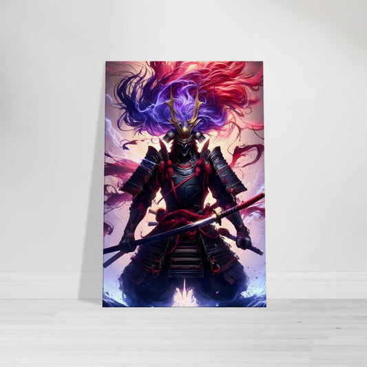 Anime-style artwork of a Japanese samurai general in red and gray armor with twin swords, long red and purple hair, and a crimson belt, ready for battle.