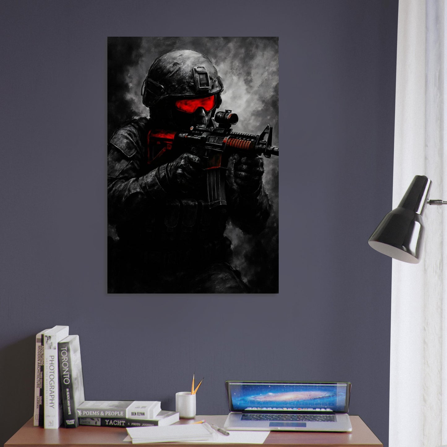 Striking tactical art of a soldier aiming down sights in red-accented gear. A gritty, cinematic piece from the Warfare Division wall art collection.