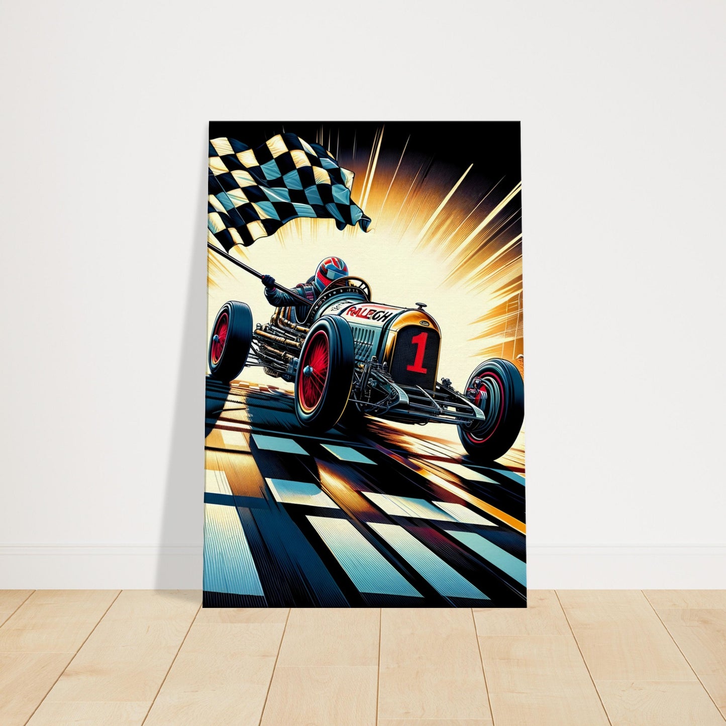 Vintage open-wheel racecar and driver crossing the finish line with the checkered flag, symbolizing speed and triumph.