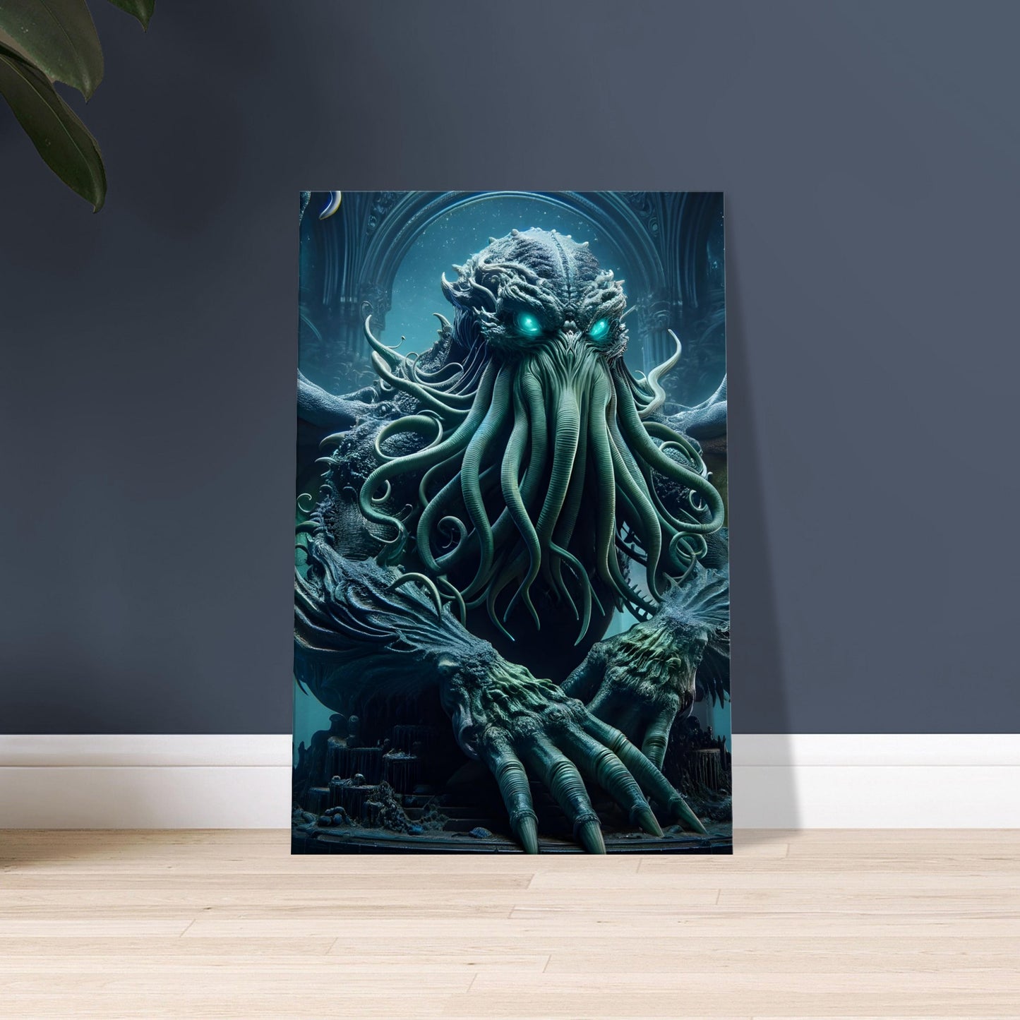 Mythical luxury artwork of Cthulhu with tentacled face, glowing blue eyes, sea-green scales, and wings, set in an ancient submerged city.