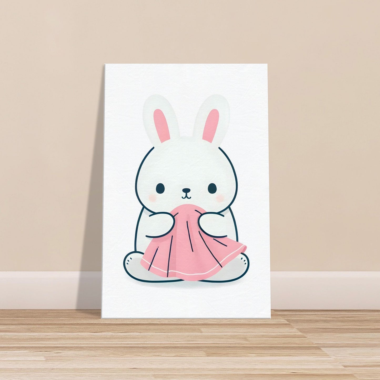 Canvas print of a cartoon bunny snuggled in a soft pink blanket with a tender expression.