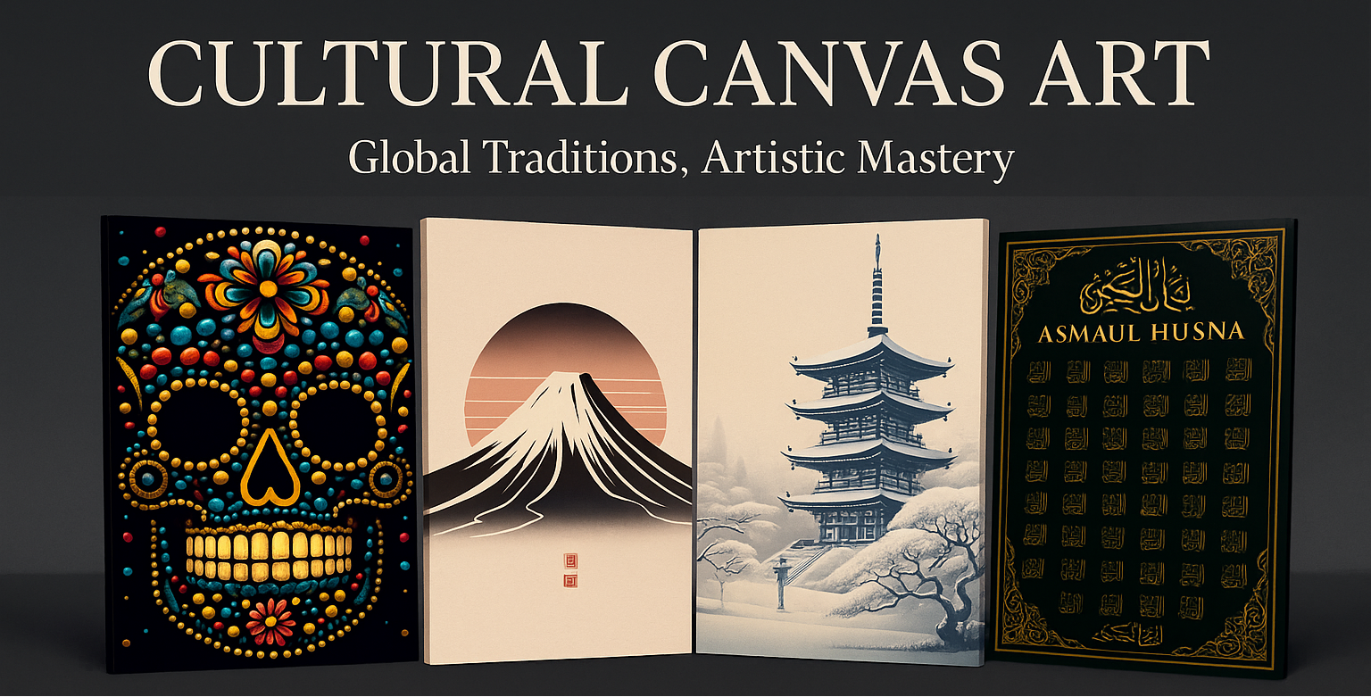Promotional banner for the Cultural Canvas Collection featuring a vibrant Mexican sugar skull, Mount Fuji minimalist artwork, snowy Japanese pagoda, and two Islamic calligraphy canvases, with centered white text offering 25% off.