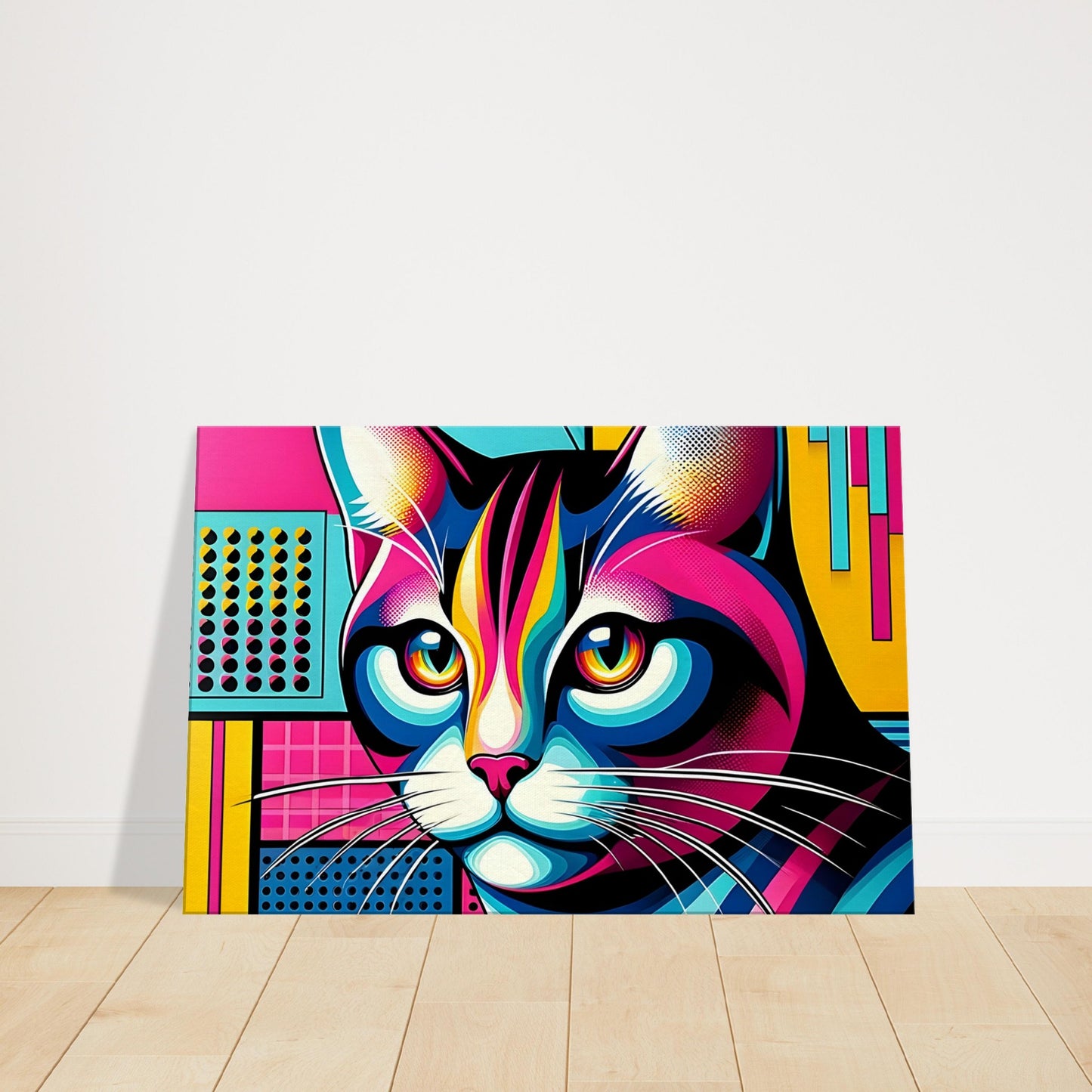 Pop art-style cat portrait with vivid multicolored patterns, bold outlines, and a playful, expressive gaze.