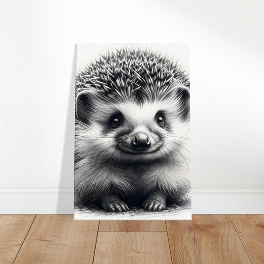 Canvas print of a delicate pencil sketch of a curious hedgehog with bright eyes and detailed quills.