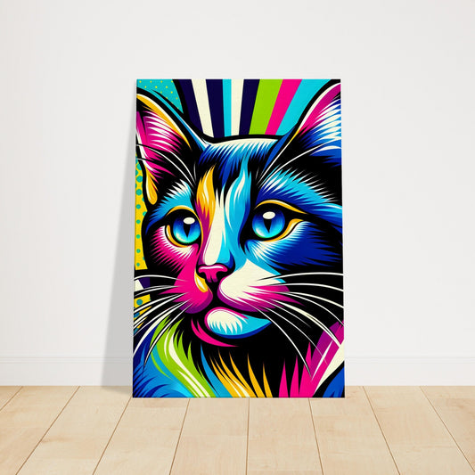 Colorful pop art image of a playful kitten with bold hues, dynamic geometric patterns, and expressive eyes.
