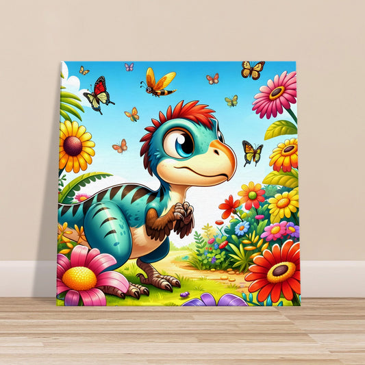 Cartoon-style Oviraptor peeking at flowers and butterflies in a vibrant garden with oversized plants.