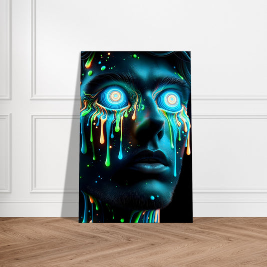 Portrait of an inquisitive figure with cool blue and green paint drips, expressing curiosity in a modern expressionist style.