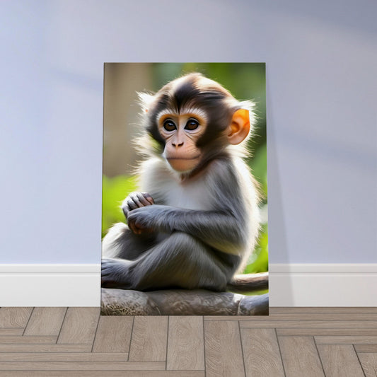 Portrait wall art of a baby monkey with expressive eyes and soft natural lighting against a blurred green background.