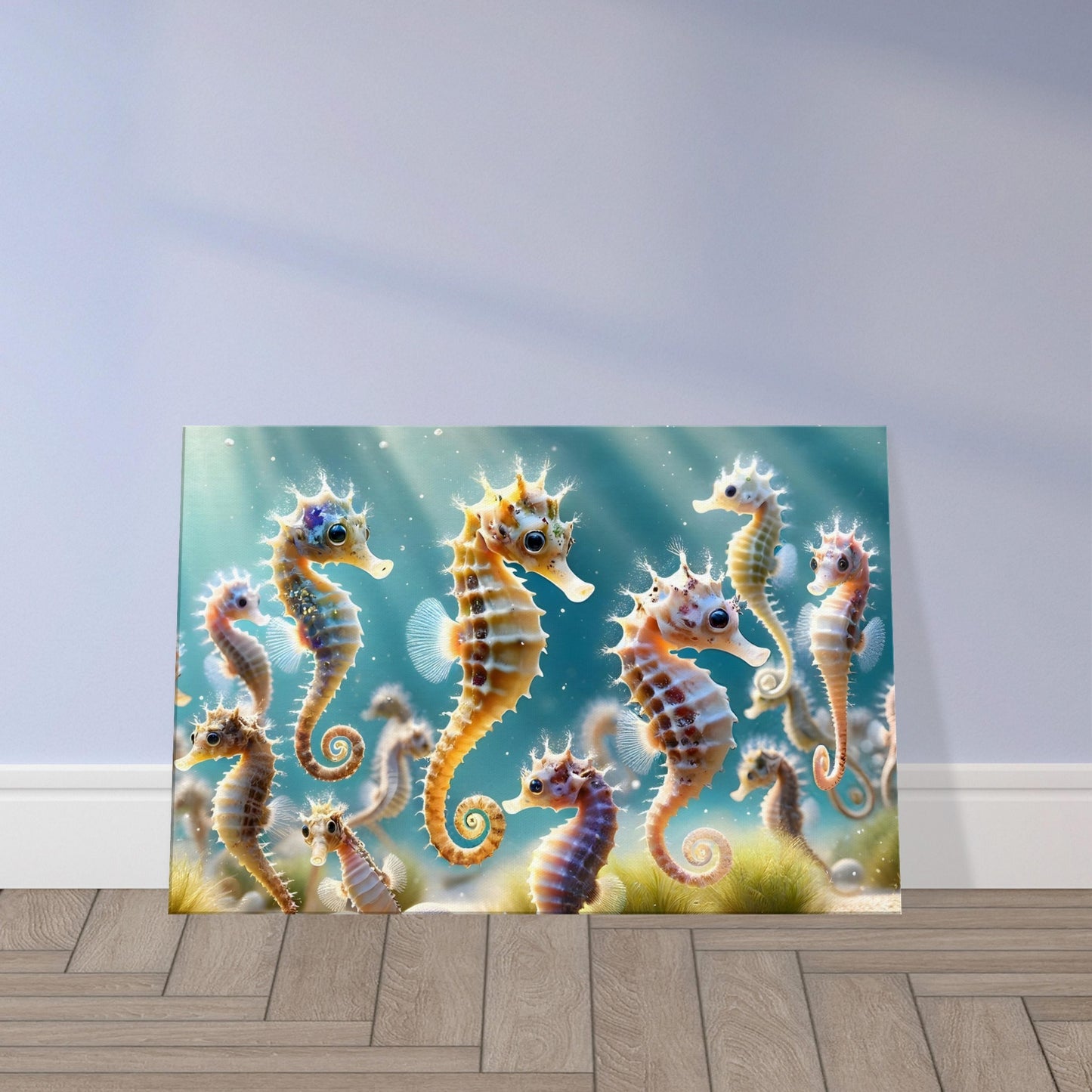 Hyper-realistic image of playful baby seahorses swimming among underwater plants.