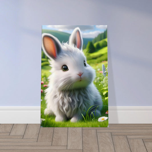 Wall art of a fluffy white bunny in a meadow with wildflowers and rolling hills.