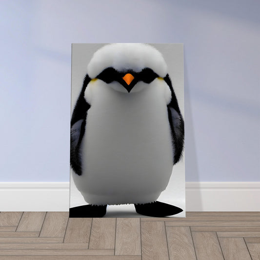 Wall art featuring a fluffy penguin with an orange beak against a neutral background.