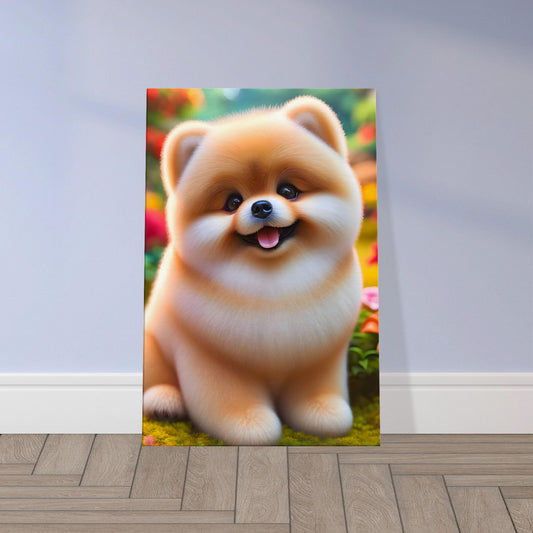 Fluffy golden Pomeranian smiling in a colorful flower garden on a sunny day.