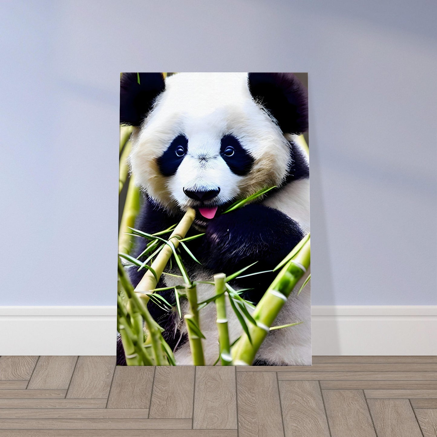 Detailed illustration of a cute panda surrounded by lush green bamboo.
