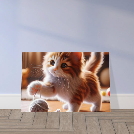 Illustration of an orange and white kitten playing with yarn, with sunlight highlighting its fur and curious expression.