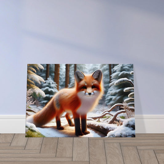 Canvas print of a vibrant red fox with rich fur in a serene snowy forest setting.
