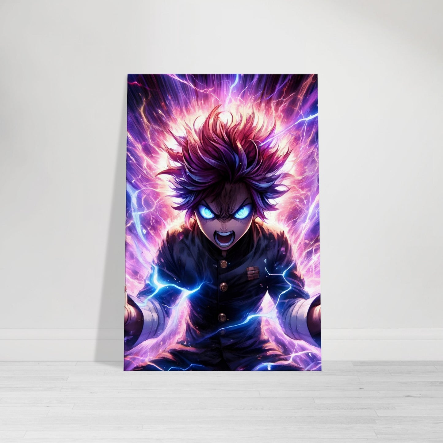 Anime warrior surrounded by lightning and swirling energy, with wild hair in purple, red, and blue, standing at the center of a storm and channeling a vortex of power.