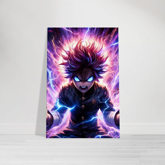 Anime warrior surrounded by lightning and swirling energy, with wild hair in purple, red, and blue, standing at the center of a storm and channeling a vortex of power.