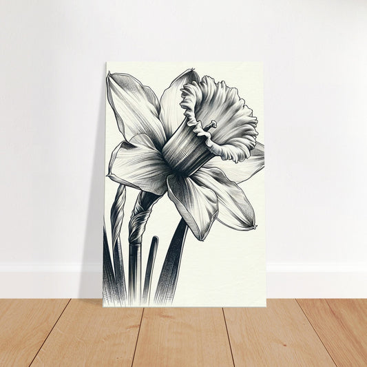 Pencil sketch of a daffodil flower showing its trumpet-shaped center and softly curved petals on a white background